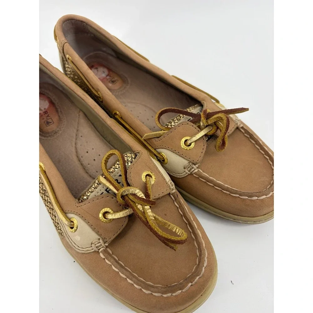 Sperry Angelfish, Tan/Gold Leather Glitter Boat Shoes, Women's Size 7, Pre-Owned